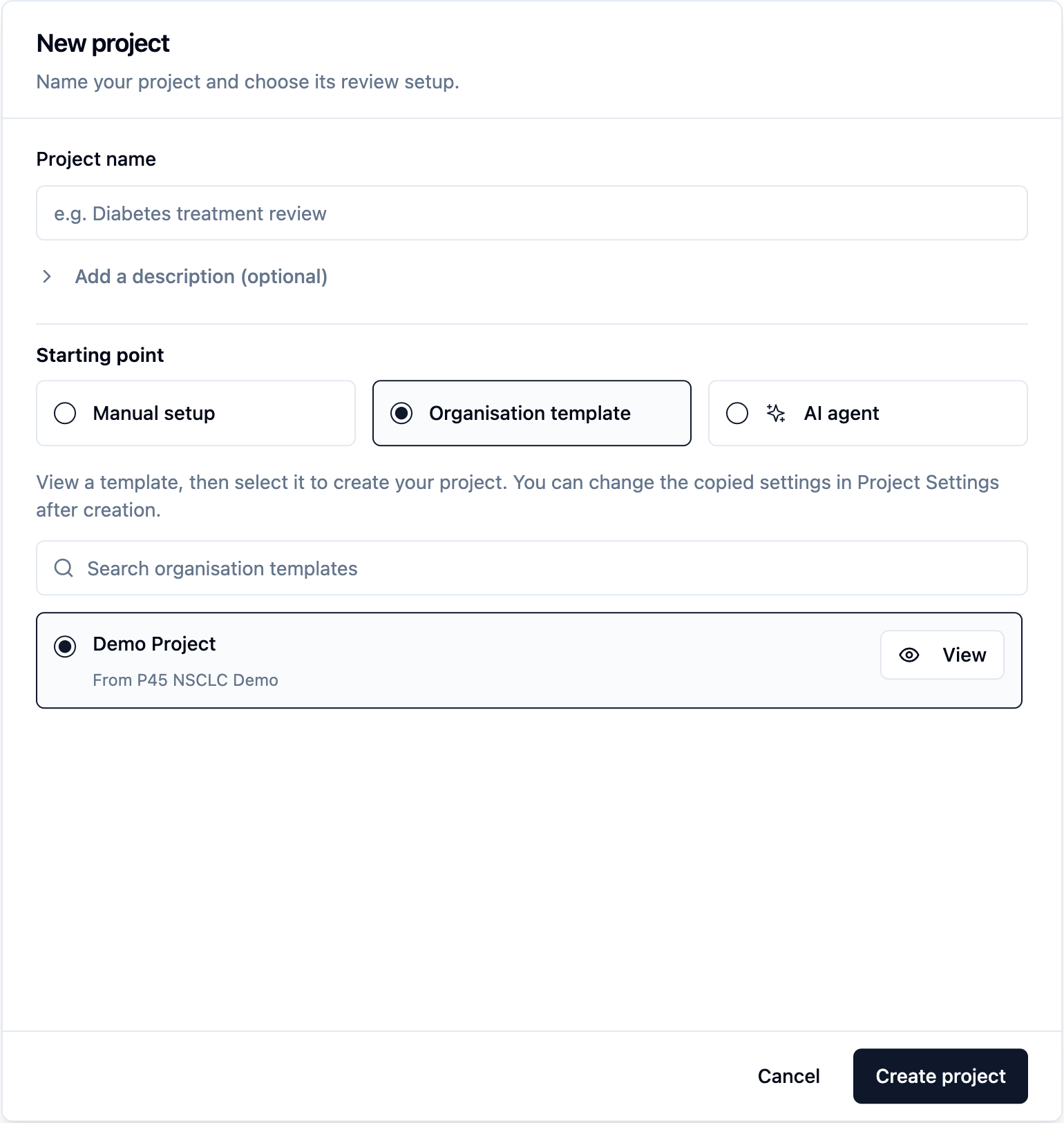New project setup page with selectable organisation template and AI agent options