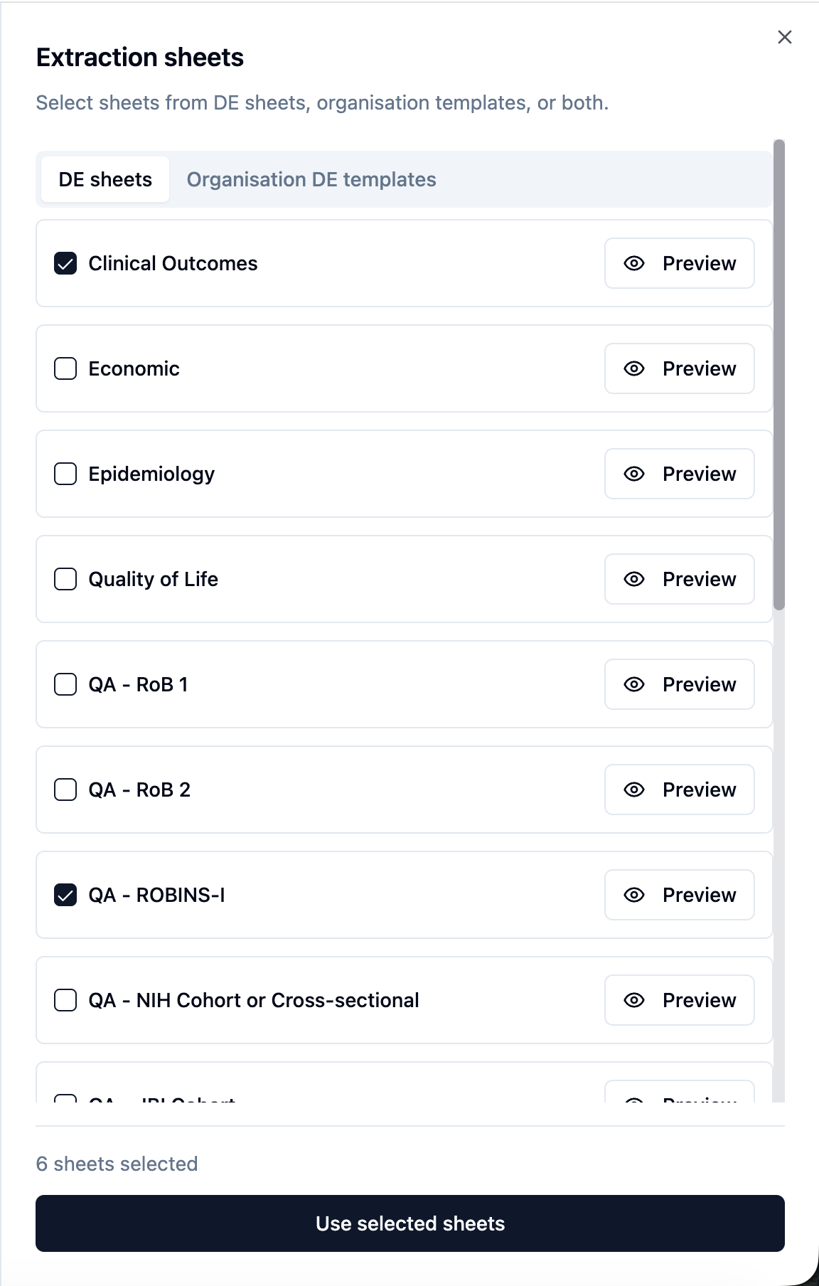 Extraction sheets selection dialog with DE sheet templates and preview options